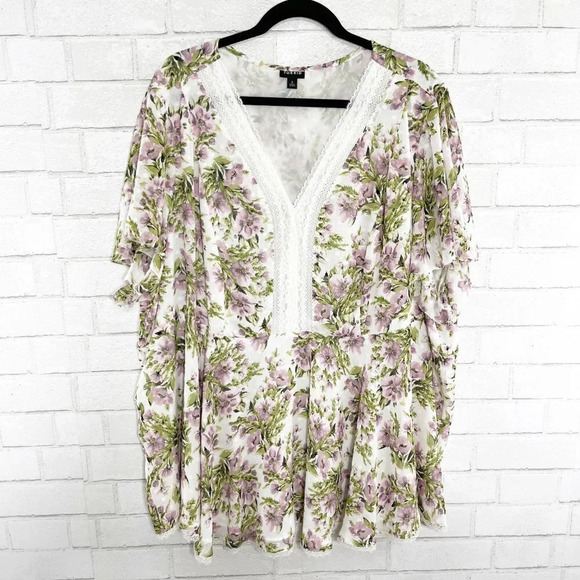 Torrid White & Purple Floral Peplum Chiffon Clip Dot Lace Inset Blouse Size 5X - Picture 1 of 9